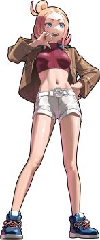 Rule 34 | 1girl, 987645321o, blonde hair, blue eyes, blue shoes, breasts, brown jacket, cropped shirt, full body, gradient hair, hair bun, hand on own hip, hashtag-only commentary, highres, jacket, long sleeves, midriff, multicolored hair, navel, nintendo, open clothes, open jacket, open mouth, pink hair, pokemon, pokemon legends: z-a, red shirt, red sweater, ribbed shirt, shirt, shoes, shorts, simple background, smile, sweater, taunie (pokemon), teeth, turtleneck, turtleneck shirt, white background, white shorts