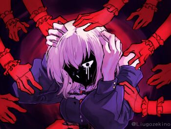 Rule 34 | 1girl, bang dream!, bang dream! it's mygo!!!!!, blonde hair, breasts, chinese commentary, clothing cutout, commentary request, crying, crying with eyes open, doloris (bang dream!), hands on own head, highres, liugo zekino, long sleeves, medium breasts, medium hair, misumi uika, purple eyes, shoulder cutout, sophie (bang dream!), surrounded by hands, tears, textless version