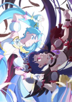 2girls absurdres armor backlighting black_cape black_dress black_feathers black_wings blue_cape blue_dress blue_eyes blue_hair bow brooch cape closed_mouth commentary cure_sky cure_sky_(dark) cut_bangs dark_persona detached_sleeves dress dress_bow dual_persona earrings feathered_wings feathers fingerless_gloves gloves gradient_hair grey_dress grey_gloves hair_ornament highres hirogaru_sky!_precure itaoka1 jewelry long_hair looking_at_another lying magical_girl multicolored_hair multiple_girls on_back pauldrons pink_bow pink_hair precure puffy_detached_sleeves puffy_sleeves red_cape red_eyes red_hair shoulder_armor single_pauldron single_sidelock single_wing sleeveless sleeveless_dress sora_harewataru spiked_pauldrons spikes streaked_hair torn_cape torn_clothes twintails two-sided_cape two-sided_fabric two-tone_dress two-tone_hair very_long_hair white_background white_dress white_feathers white_gloves wing_brooch wing_hair_ornament wings