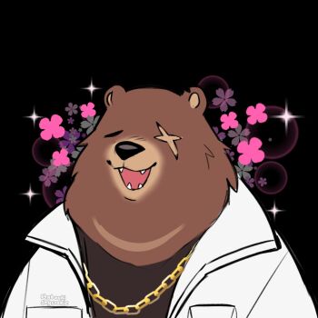 1boy animal_ears bear_boy bear_ears ben_bigger black_tank_top blush brown_fur chain chain_necklace closed_eyes commentary english_commentary fangs flower furry furry_male highres jacket jewelry male_focus necklace notched_ears open_mouth scar scar_across_eye scar_on_face sparkle starbuchi tank_top white_jacket zenless_zone_zero