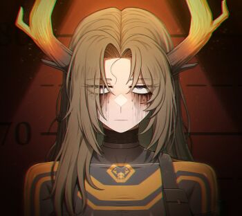 1girl antlers black_background blue_eyes brown_hair closed_mouth highres horns limbus_company long_hair looking_at_viewer makeup mascara misg1111 parted_bangs project_moon r_corp._(identity)_(project_moon) reindeer_antlers rodion_(project_moon) runny_makeup solo very_long_hair