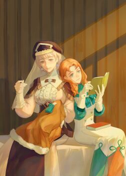 2girls annette_fantine_dominic annette_fantine_dominic_(timeskip) blonde_hair blue_eyes book book_on_lap breasts closed_mouth commentary_request earrings fire_emblem fire_emblem:_three_houses hat head_on_another's_shoulder highres holding holding_book indoors jewelry knitting knitting_needle long_sleeves medium_breasts mercedes_von_martritz mercedes_von_martritz_(timeskip) multiple_girls needle nintendo object_on_lap orange_hair short_hair small_breasts smile sxi7
