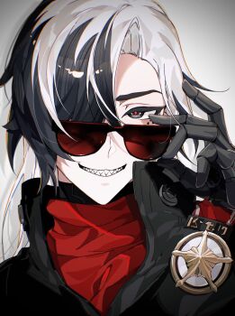 1boy black_hair boothill_(honkai:_star_rail) crosshair_pupils cyborg hair_over_one_eye high_collar highres honkai:_star_rail honkai_(series) long_hair looking_at_viewer male_focus multicolored_hair no_headwear red-tinted_eyewear red_pupils sharp_teeth sheriff_badge simple_background sitismlip00 smile solo split-color_hair sunglasses teeth tinted_eyewear two-tone_hair white_background white_hair