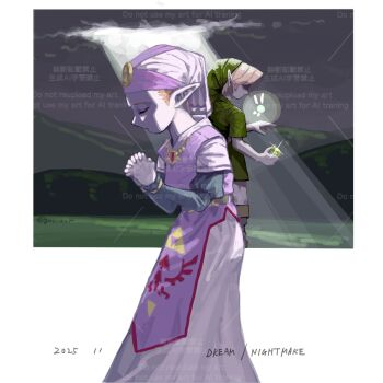 1boy 1girl 2025 blonde_hair border dress english_text fairy gem gold_necklace green_hat green_tunic gus_uur hat highres jewelry link long_dress navi necklace nintendo own_hands_clasped own_hands_together parted_bangs phrygian_cap pink_hat pointy_ears praying princess_zelda purple_tunic red_gemstone short_hair the_legend_of_zelda the_legend_of_zelda:_ocarina_of_time tunic upper_body white_border white_dress