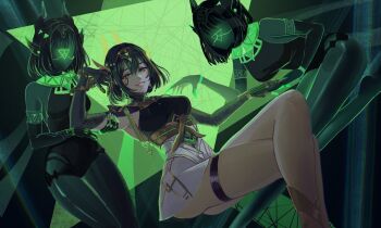 3girls ancient_egyptian_clothes antler_ornament claw_ring claws eye_tattoo gem genshin_impact green_background green_eyes green_gemstone green_hair green_streaks hair_ornament headpiece highres mark_under_eye mole mole_under_eye multiple_girls nefer_(genshin_impact) symbol-shaped_pupils tattoo triangle triangle-shaped_pupils triangle_hair_ornament usekh_collar xhianxeh