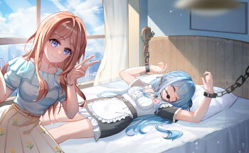 2girls absurdres alternate_costume apron artist_request backlighting ball_gag bang_dream! bang_dream!_it&#039;s_mygo!!!!! bdsm bed black_dress black_ribbon blue_bow blue_bowtie blue_eyes blue_hair blue_sky blurry bondage bound bow bowtie braid breasts brown_hair brown_skirt buttons casual center-flap_bangs center_frills chain chest_tattoo chinese_commentary closed_eyes closed_mouth cloud cloudy_sky commentary_request commission cuffs depth_of_field dress enmaided floral_print floral_print_skirt frilled_apron frills gag hair_ribbon head_on_pillow highres in-universe_location jewelry leaning_to_the_side light_blush long_hair looking_at_viewer lying maid maid_apron medium_breasts multiple_girls nagasaki_soyo necklace on_back on_bed parted_bangs partial_commentary pillow pleated_skirt print_skirt red_tattoo restrained ribbon second-party_source selfie shackles shirt_tucked_in short_dress short_sleeves skirt sky smile square_neckline sunlight tattoo tears togawa_sakiko turning_head two_side_up v white_apron wiffle_gag window yandere yuri