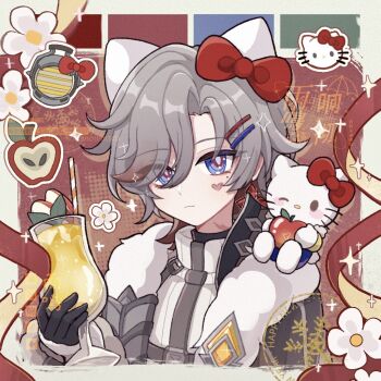 Rule 34 | 1boy, ameoto 00, apple, black gloves, blue eyes, blush, bow, commentary, cup, drinking straw, flower, food, fruit, fur trim, genshin impact, glass, gloves, hair ornament, hairclip, head tilt, heart, hello kitty, holding, holding cup, illuga (genshin impact), jacket, looking at viewer, male focus, mole, mole under eye, multicolored hair, one eye closed, sanrio, scar, scar on neck, solo, sparkle, two-tone hair, untranslatable commentary