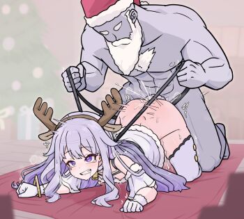 1boy 1girl ahegao all_fours animal_costume animal_ears antlers bell bottomless breasts christmas christmas_tree clenched_teeth coat commentary doggystyle drooling faceless faceless_male facing_viewer fake_animal_ears fake_horns from_side fur-trimmed_coat fur_trim gloves hair_flaps hat heart heart-shaped_pupils hetero hololive horns indoors koseki_bijou long_hair long_sidelocks moral_cacoethes muscular muscular_male neck_bell nipples on_floor purple_eyes purple_hair reindeer_antlers reindeer_costume reins santa_claus santa_hat sex_from_behind sidelocks small_breasts sweat symbol-shaped_pupils tearing_up teeth thick_thighs thighhighs thighs vaginal