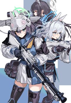 3girls absurdres animal_ear_headphones animal_ears black_hair blue_archive blue_eyes blue_halo blue_serafuku bucket_hat bulletproof_vest combat_helmet commentary fake_animal_ears green_eyes green_halo grey_halo gun halo hat headphones helmet highres kazukingu lahti-saloranta_m/26 miyako_(blue_archive) miyu_(blue_archive) multiple_girls rabbit_ear_headphones rabbit_ears rabbit_platoon_(blue_archive) red_eyes saki_(blue_archive) school_uniform serafuku stahlhelm submachine_gun suomi_kp/-31 tactical_school_uniform weapon white_hair white_helmet