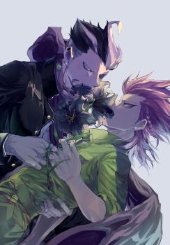 Rule 34 | 2boys, absurdres, black coat, braid, coat, commentary request, danganronpa (series), danganronpa 2: goodbye despair, earrings, hand on another's waist, highres, jewelry, jumpsuit, kamchatka lily, long sleeves, looking at another, luckyland1985, male focus, multiple boys, petal in mouth, pink hair, purple scarf, red eyes, ring, scarf, short hair, sideburns, soda kazuichi, striped hair, tanaka gundham, upper body, yaoi