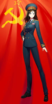 Rule 34 | 1girl, absurdres, aiguillette, alternate costume, black necktie, blue eyes, breasts, brown hair, collar tabs, commentary request, commission, flag background, full body, girls und panzer, green jacket, green pants, hammer and sickle, hand on own hip, hat, highres, jacket, medium breasts, medium hair, military hat, military uniform, mytea (soso), necktie, nonna (girls und panzer), pants, parted bangs, peaked cap, ribbon bar, shoulder boards, skeb commission, solo, soviet army, soviet flag, standing