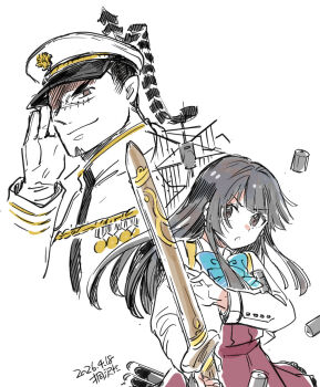Rule 34 | 1boy, 1girl, admiral (kancolle), admiral (kancolle) (cosplay), aqua bow, aqua bowtie, artist name, black hair, blazer, bow, bowtie, brown eyes, character request, commentary request, cosplay, cowboy shot, dated, dress, fingerless gloves, gloves, halter dress, halterneck, highres, jacket, kantai collection, kirisawa juuzou, long hair, military uniform, naval uniform, purple dress, salute, scar, scar on face, sword, upper body, weapon, white jacket, yuugumo (kancolle), yuugumo (kancolle) (cosplay), yuugumo kai ni (kancolle), yuugumo kai ni (kancolle) (cosplay)