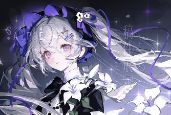 1girl bead_necklace beads black_bow black_bowtie blush bow bowtie chinese_text closed_mouth crossed_bangs eyelashes floating_hair flower grey_hair hair_bow hair_ornament hair_ribbon hairclip hairpin headdress highres jewelry lily_(flower) long_hair looking_at_viewer luhui mole mole_under_eye necklace original purple_bow purple_eyes purple_headdress purple_ribbon ribbon sample_watermark sidelocks solo sparkle teardrop twintails two-sided_fabric upper_body very_long_hair watermark white_flower white_lily