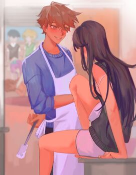 2girls 4boys :d absurdres aegyo_sal alternate_costume apron aqua_hairband arm_behind_back arm_support aubrey_(faraway)_(omori) aubrey_(omori) bare_arms bare_legs bare_shoulders barefoot basil_(faraway)_(omori) basil_(omori) black_hair black_pants black_sweater_vest blue_sweater blurry blurry_background blush bow_hairband bra bra_peek bright_pupils brother_and_sister brothers brown_eyes brown_hair carpet commentary cowboy_shot dark-skinned_male dark_skin futo_(tofuutoufofuto) girl_on_top green_sweater_vest grin hairband hero_(faraway)_(omori) hero_(omori) highres holding icing indoors kel_(faraway)_(omori) kel_(omori) knee_up long_hair looking_at_another lying mari_(faraway)_(omori) mari_(omori) multiple_boys multiple_girls omori on_back open_door open_mouth pants pink_hair shirt short_hair short_sleeves shorts siblings sitting smile standing straight_hair strap_slip sunny_(omori) sweater sweater_vest symbol-only_commentary three-quarter_sleeves underwear very_long_hair very_short_hair white_apron white_bra white_pupils white_shirt white_shorts