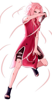 1girl absurdres black_shorts blood blood_on_clothes commentary cuts dress full_body gangbi2 green_eyes haruno_sakura highres holding holding_kunai holding_weapon injury kunai naruto_(classic) naruto_(series) open-toe_shoes pink_dress pink_hair pouch reverse_grip serious severed_hair short_hair_with_long_locks short_shorts shorts sidelocks solo thigh_pouch weapon