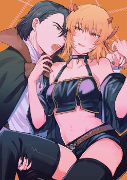 1boy 1girl :q athrun_zala black_hair black_shorts black_thighhighs blonde_hair blush breasts cagalli_yula_athha cleavage cloak couple crop_top demon_horns fangs fingernails green_eyes gundam gundam_seed halloween halloween_costume hetero highres horns jacket jewelry kimi88407604 licking_lips midriff navel necklace open_mouth orange_background sharp_fingernails shirt short_hair shorts smile thighhighs tongue tongue_out vampire yellow_eyes