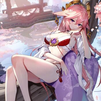 1girl animal_ears bare_legs bare_shoulders barefoot blush breasts cherry_blossoms chinese_knot cleavage closed_mouth earrings feet_out_of_frame floppy_ears floral_print fox_ears genshin_impact hair_ornament highres in_tree japanese_clothes jewelry large_breasts legs long_hair looking_at_viewer medium_breasts off_shoulder open_clothes petals pink_hair purple_eyes ribbon_trim ripples scottie_(phantom2) sidelocks sitting sitting_in_tree smile solo tree very_long_hair water yae_miko