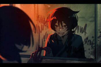 1boy against_mirror alternate_costume alternate_hair_length alternate_hairstyle black_border black_eyes black_hair blood blood_on_face blood_on_hands blood_writing blunt_ends border braid cowlick crazy_eyes crazy_smile genshin_impact grey_shirt hair_between_eyes hair_over_shoulder highres horror_(theme) letter long_braid long_hair looking_at_reflection low-braided_long_hair low-tied_long_hair male_focus mirror nekojinnyart open_mouth red_eyes red_pupils reflection scaramouche_(genshin_impact) shirt smile solo v-neck white_mouth