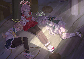 3girls absurdres arms_behind_back bdsm black_pantyhose black_sandals blonde_hair blue_archive blue_eyes bondage bound bound_ankles bound_arms bound_legs bound_torso bound_wrists bow bowtie box_tie braid breasts brown_pantyhose commentary commission diagonal-striped_bow english_commentary flower_halo gag green_bow green_bowtie green_halo green_jacket grey_skirt hair_bow hair_bun hair_ribbon hakama hakama_short_skirt hakama_skirt halo hifumi_(blue_archive) highres jacket japanese_clothes kneehighs large_breasts long_hair low_twintails mary_janes mimori_(blue_archive) miniskirt miyo_(blue_archive) multiple_girls pantyhose pink_hair pink_halo pixiv_commission red_hakama restrained ribbon ribbon_braid rope sailor_collar sandals school_uniform shibari shibari_over_clothes shoes single_side_bun skirt small_breasts socks striped_bow tabi thighband_pantyhose twintails unworn_gag vakaosciosa white_bow white_socks wild_hunt_academy_of_arts_logo yellow_bow yellow_bowtie yellow_eyes yellow_halo