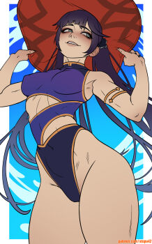 1girl adjusting_clothes adjusting_headwear alternate_costume aqua_eyes armlet bare_shoulders bikini black_scrunchie blue_background blush border breasts covered_collarbone covered_navel cowboy_shot curvy eyelashes eyeshadow genshin_impact hair_tie hat highleg highleg_bikini highres jewelry lips long_hair looking_to_the_side makeup medium_breasts mona_(genshin_impact) nose outside_border parted_lips patreon_username purple_bikini purple_hair red_hat scrunchie sidelocks smile solo stopu swimsuit teeth thick_thighs thighs toned toned_female twintails very_long_hair white_border wide_hips