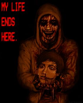 :d bags_under_eyes black_background black_eyes black_hair black_nails blood blood_from_forehead blood_on_face bloodshot_eyes carpwood crazy_grin cry_of_fear crying crying_with_eyes_open english_text grey_hoodie holding_detached_head hood hood_up hoodie looking_at_viewer nosebleed open_mouth red_theme rolling_eyes short_hair simon_henriksson simon_henriksson_(book) simple_background smile tears upper_body