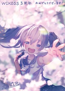 1girl alternate_costume blue_sailor_collar blue_skirt card grey_eyes grey_hair holding holding_card kutori_pan&#039;ya looking_at_viewer medium_hair neckerchief outstretched_hand sailor_collar shirt skirt smile solo tama_(wixoss) teeth two_side_up upper_teeth_only white_neckerchief white_shirt wixoss