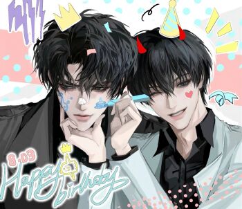Rule 34 | 2boys, ;d, aegyo sal, auauko123, averting eyes, black coat, black shirt, coat, collared shirt, commentary, crown, curtained hair, demon horns, drawing (action), english commentary, grin, hand on another's chin, happy birthday, hat, horns, kim dokja, male focus, multiple boys, narrowed eyes, notice lines, omniscient reader's viewpoint, one eye closed, open clothes, open coat, open mouth, party hat, popped collar, shirt, smile, upper body, white coat, yoo joonghyuk