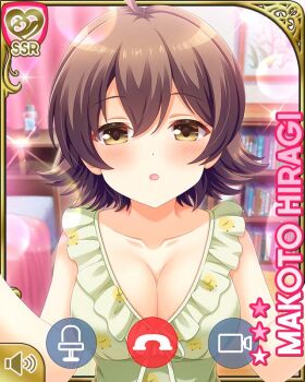 1girl :o ahoge bed bedroom breasts brown_eyes brown_hair card_(medium) character_name cleavage close-up collarbone dress girlfriend_(kari) green_dress hiragi_makoto_(girlfriend_(kari)) indoors kneeling mobile_phone official_art open_mouth qp:flapper short_hair sleepwear solo