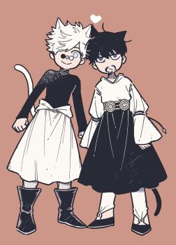 Rule 34 | 2boys, aged down, animal ears, black hair, black shirt, black skirt, blue eyes, boots, brown background, cat boy, cat ears, cat tail, closed mouth, commentary request, facial hair, full body, glasses, hair over one eye, heart, highres, holding hands, kemonomimi mode, leaning on person, long sleeves, looking at viewer, male focus, mouth hold, multiple boys, olruggio (tongari boushi no atelier), one eye covered, pants, qifrey (tongari boushi no atelier), round eyewear, shirt, short hair, simple background, skirt, smile, standing, tail, tongari boushi no atelier, white hair, white pants, white shirt, wide sleeves