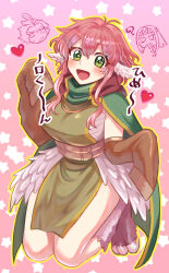 Rule 34 | 1girl, ?, aurora sya lis kaymin, bandaged chest, belt, blush, cape, cursed musician, detached sleeves, eyelashes, green cape, green tunic, half-harpy, harpy (maou-jou de oyasumi), head wings, heart, highres, maou-jou de oyasumi, monster girl, multiple belts, open mouth, outline, pink background, pink hair, sidelocks, sleeves past fingers, sleeves past wrists, star (symbol), starry background, sumi wo hakuneko, talons, translation request, wings, yellow outline