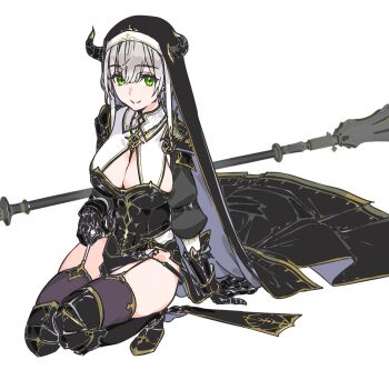 Rule 34 | 1girl, armor, black boots, black dress, black horns, black veil, boots, breast curtains, breasts, brown thighhighs, cleavage, clothes on floor, dress, full body, garter straps, gauntlets, greaves, green eyes, grey hair, haimura kiyotaka, hashtag-only commentary, hololive, horns, jewelry, large breasts, long sleeves, looking at viewer, nun, pauldrons, pelvic curtain, pendant, puffy long sleeves, puffy sleeves, sabaton, shirogane noel, shirogane noel (battle nun), short hair, shoulder armor, sleeve belt, smile, solo, split mouth, squatting, strap pull, thighhighs, veil, virtual youtuber, weapon, white background