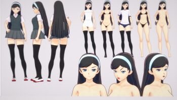 10s 1girl 3d ass barefoot bikini black_bikini black_hair black_one-piece_swimsuit blue_buruma blue_eyes blush breasts buruma reference_sheet clothes_on_and_off curvy dress female_focus full_body gym_uniform hairband hand_on_own_hip kumashiro_maya long_hair looking_at_viewer micro_bikini multiple_views nipples nude one-piece_swimsuit pussy school_uniform seikimatsu_occult_gakuin shoes short_dress simple_background smile sneakers standing swimsuit thighhighs thong wide_hips