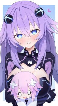 1girl absurdres black_bodysuit blue_background blue_eyes bodysuit border breasts character_doll choujigen_game_neptune closed_mouth convenient_censoring cross_hair_ornament doll hair_flaps hair_ornament heart highres large_breasts light_blush long_hair looking_at_viewer neptune_(neptunia) neptune_(series) nicomi-chan power_symbol-shaped_pupils purple_heart_(neptunia) sidelocks smile solo symbol-shaped_pupils upper_body white_border