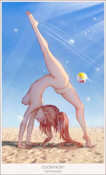 1girl absurdres arched_back ass ball barefoot beach beachball blush breasts choker closed_eyes commentary commission completely_nude doomykiwi english_commentary flexible full-face_blush guinaifen_(honkai:_star_rail) hands_on_ground handstand heavy_breathing highres honkai:_star_rail honkai_(series) leg_up lens_flare long_hair medium_breasts motion_lines nail_polish nipples nude orange_hair picture_frame ponytail sand soles solo standing standing_on_one_leg sweat toenail_polish toenails toes very_long_hair