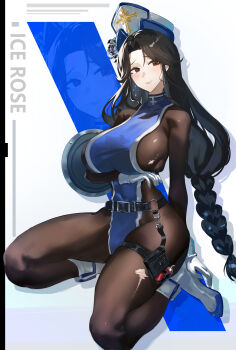 Rule 34 | 1girl, absurdres, anikiaa, arm shield, arm under breasts, belt, black belt, black hair, blue tabard, bodystocking, boots, braid, braided ponytail, breasts, commentary, covered sideboob, cross, cross earrings, earrings, english commentary, gloves, goddess of victory: nikke, highres, ice flower, jewelry, large breasts, long hair, maiden (ice rose) (nikke), maiden (nikke), o-ring, o-ring belt, official alternate costume, red eyes, solo, tabard, thigh strap, torn bodystocking, torn clothes, two-tone background, white boots, white gloves