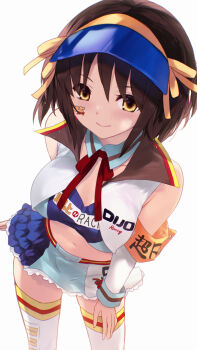 1girl armband blue_skirt breasts brown_eyes brown_hair cait_aron closed_mouth collarbone commentary_request hair_ribbon hairband highres looking_at_viewer medium_breasts midriff navel official_alternate_costume orange_armband ribbon skirt smile solo standing stomach suzumiya_haruhi suzumiya_haruhi_no_yuuutsu thighhighs visor_cap white_thighhighs yellow_hairband yellow_ribbon