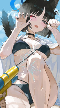 Rule 34 | 1girl, 1other, absurdres, animal ear fluff, animal ears, bikini, black bikini, black choker, black eyes, black hair, black nails, blue archive, blush, breasts, cat ears, cat girl, cat tail, choker, claw pose, fang, haori, highres, holding, holding water gun, japanese clothes, kikyou (blue archive), kikyou (swimsuit) (blue archive), looking at viewer, multiple tails, nanjo maya, official alternate costume, one eye closed, open mouth, parted bangs, paw pose, pov, short hair, skin fang, swimsuit, tail, two tails, water gun, wet, white haori