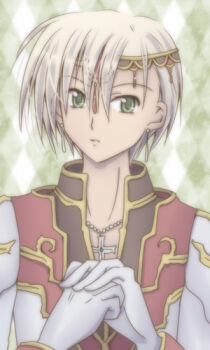 Rule 34 | 1boy, argyle background, asymmetrical bangs, blonde hair, brown coat, circlet, coat, commentary request, cracking knuckles, cross, cross necklace, gloves, gold trim, green background, green eyes, hair between eyes, high priest (ragnarok online), jewelry, long sleeves, looking at viewer, lowres, male focus, multicolored coat, necklace, parted lips, ragnarok online, red coat, sharari, short hair, solo, two-tone coat, upper body, white coat, white gloves