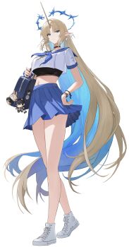 1girl absurdres alternate_costume bag bag_charm bisqqque black_choker blonde_hair blue_eyes blue_hair blue_neckerchief blue_sailor_collar blue_skirt breasts cartethyia_(wuthering_waves) charm_(object) choker closed_mouth commentary crop_top earrings fleurdelys_(wuthering_waves) floating_earrings full_body highres horns jewelry large_breasts long_hair long_horns looking_at_viewer male_rover_(wuthering_waves) midriff navel neckerchief parted_bangs pointy_ears rover_(wuthering_waves) sailor_collar school_bag school_uniform serafuku shirt shoes shoulder_bag sidelocks simple_background single_horn skirt solo tacet_mark_(wuthering_waves) very_long_hair white_background white_shirt white_shoes wuthering_waves yellow_horns