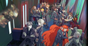 1other 6+boys 6+girls artist_request baseball_bat black_hair blonde_hair blue_eyes brown_hair bus_interior charon_(project_moon) closed_eyes closed_mouth collared_shirt dante_(limbus_company) don_quixote_(project_moon) dress_shirt everyone faust_(project_moon) green_eyes gregor_(project_moon) grey_hair grey_jacket grey_pants grey_vest heathcliff_(project_moon) highres holding holding_mirror hong_lu_(project_moon) ishmael_(project_moon) jacket lance limbus_company long_hair mephistopheles_(project_moon) meursault_(project_moon) mirror multiple_boys multiple_girls necktie non-web_source object_head open_mouth orange_hair outis_(project_moon) pants parted_lips polearm project_moon red_eyes red_necktie rodion_(project_moon) ryoshu_(project_moon) shirt short_hair sinclair_(project_moon) suit_jacket sword vellmori vergilius_(project_moon) very_long_hair very_short_hair vest waistcoat weapon white_hair white_shirt yi_sang_(project_moon)