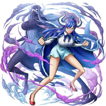 1girl alternate_form bare_legs blue_hair breasts brown_eyes cape curvy dinosaur_girl full_body highres horns large_breasts looking_at_viewer mask mouth_mask multicolored_hair official_art one_piece one_piece:_bounty_rush serious solo transparent_background two-tone_hair ulti_(one_piece) wide_hips