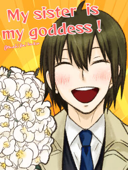 1boy ^_^ ahoge black_hair blue_necktie blush bouquet brown_coat closed_eyes coat collared_shirt commentary_request english_text facing_viewer flower holding holding_bouquet mahikaihuku male_focus necktie open_mouth orange_background portrait shirt short_hair siscon smile solo spy_x_family teeth twitter_username upper_teeth_only white_flower white_shirt yuri_briar