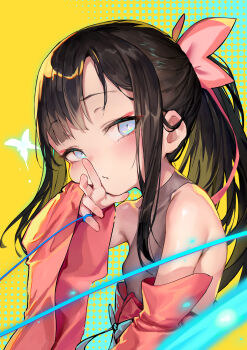 1girl absurdres bare_shoulders black_hair blue_eyes blush commentary convenient_censoring detached_sleeves english_commentary from_side hair_ribbon hand_on_own_cheek hand_on_own_face hand_up highres long_hair long_sleeves looking_to_the_side original parted_lips pink_ribbon ponytail ribbon see-through_clothes solo string upper_body waymay wide_sleeves