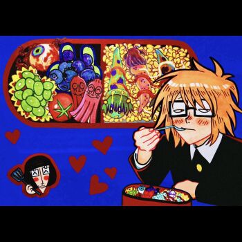 Rule 34 | 2boys, bento, black eyes, blue background, blueberry, creature, eating, eyeball, food, food art, fruit, glasses, heart, highres, human head, jacket, letterboxed, luther von ivory, male focus, multiple boys, open clothes, open jacket, orange hair, randal's friends, randal ivory, short hair, slug, tako-san wiener, yaolaiyibeiapachama