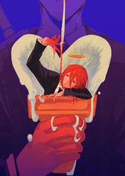 2boys absurdres angel_devil_(chainsaw_man) angel_wings black_jacket black_necktie chainsaw_man collared_shirt commentary_request hair_between_eyes halo hayakawa_aki heart highres holding holding_ice_cream_cone ice_cream_cone jacket long_hair male_focus melting_ice_cream multiple_boys necktie pkpk028 red_eyes red_hair shirt suit_jacket traditional_halo white_shirt white_wings wings