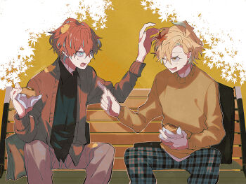 2boys ahoge aqua_eyes aqua_streaks autumn_leaves black_shirt blonde_hair brown_cardigan brown_pants cardigan cowboy_shot eye_contact food green_streaks highres holding holding_food hypnosis_mic izanami_hifumi kannonzaka_doppo leaf leaf_in_hair looking_at_another male_focus multiple_boys nosuo0253 on_bench one_eye_closed open_mouth pants plaid_clothes plaid_pants pointing pointing_at_another red_hair shirt sitting small_sweatdrop sweater unmoving_pattern yellow_eyes yellow_sweater