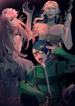 Rule 34 | 1girl, 2boys, black-framed eyewear, black background, blonde hair, blue eyes, blue hair, commentary request, crazy eyes, dress, expressionless, facial hair, finger gun, fingers to head, frilled dress, frilled hairband, frills, glowing, glowing eyes, gun, hairband, hands up, headdress, highres, holding, holding gun, holding weapon, lolita fashion, long hair, looking at viewer, mature male, multiple boys, open mouth, persona, persona 3, pink eyes, pink hair, sakaki takaya, shirato jin, short hair, sidelighting, squatting, standing, stubble, sunorsa, topless male, wavy hair, weapon, yellow eyes, yoshino chidori