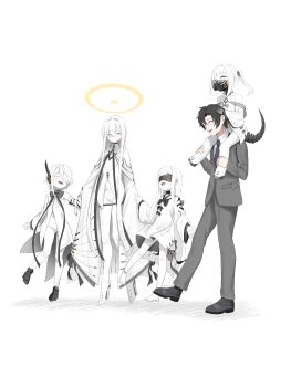 Rule 34 | 1boy, 4girls, black mask, blindfold, blue archive, business casual, carrying, carrying person, closed eyes, colored skin, commentary request, ein (blue archive), formal clothes, full body, grey suit, hair over one eye, halo, highres, holding hands, kuinanoda, long hair, malkuth (blue archive), mask, mechanical tail, multiple girls, ohr (blue archive), respirator, segmented tail, sensei (blue archive), sensei (blue archive the animation), shoulder carry, sof (blue archive), suit, tail, triplets, white background, white skin, yellow halo