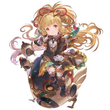 1girl animal_ears bare_shoulders bird blonde_hair boots breasts chibi chicken earrings granblue_fantasy hair_ornament harvin jewelry knee_boots long_hair looking_at_viewer machine mahira_(granblue_fantasy) minaba_hideo non-humanoid_robot official_art red_eyes robot robot_animal simple_background sitting small_breasts thighhighs transparent_background white_background
