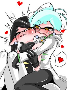 2girls absurdres biting biting_ear black_gloves black_hair blush callie_(splatoon) cousins ear_piercing gloves heart highres hug incest inkling marie_(splatoon) multiple_girls nintendo piercing pointy_ears puriamaotaku splatoon_(series) spoken_heart sweatdrop tentacle_hair white_hair yuri